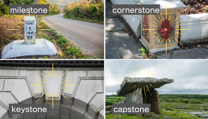 「-Stone」系英単語の意味・違いを一挙にストーンとイラスト解説！【milestone/cornerstone/keystone/capstone】